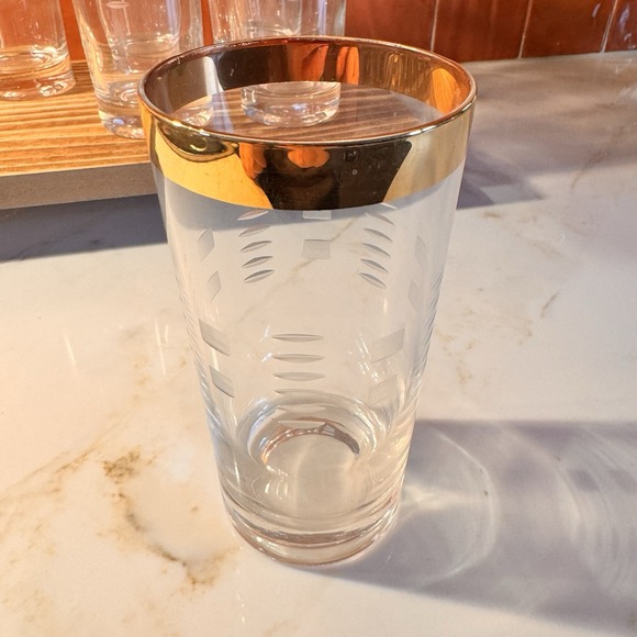 Vintage MCM Highball Gold Rim Glasses Etched Glass Set Of 6 Barware - Picture 3 of 10